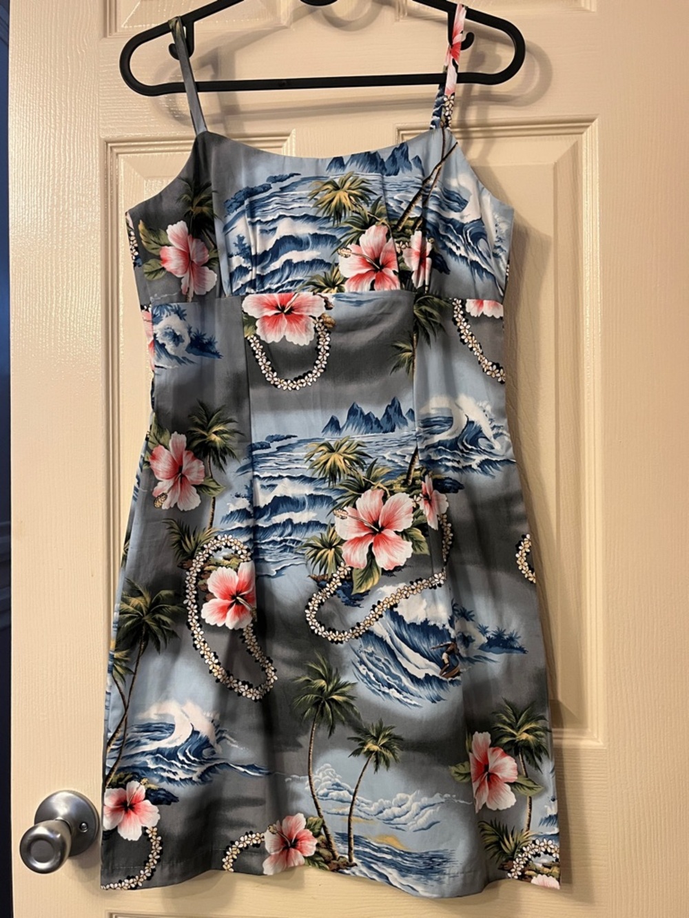 Hawaiian Mini Dress in Blue & Pink Tropical Prints - Hibiscus, Ocean, Palm Trees